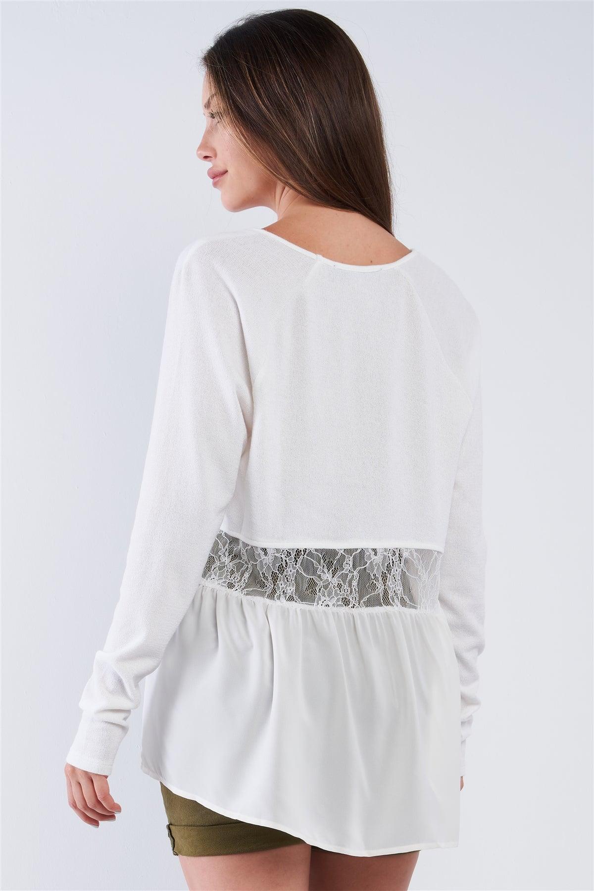 Off-White Loose Fit Long Sleeve V-Neck Mesh Detail Tunic Pullover Top /1-2-2-1
