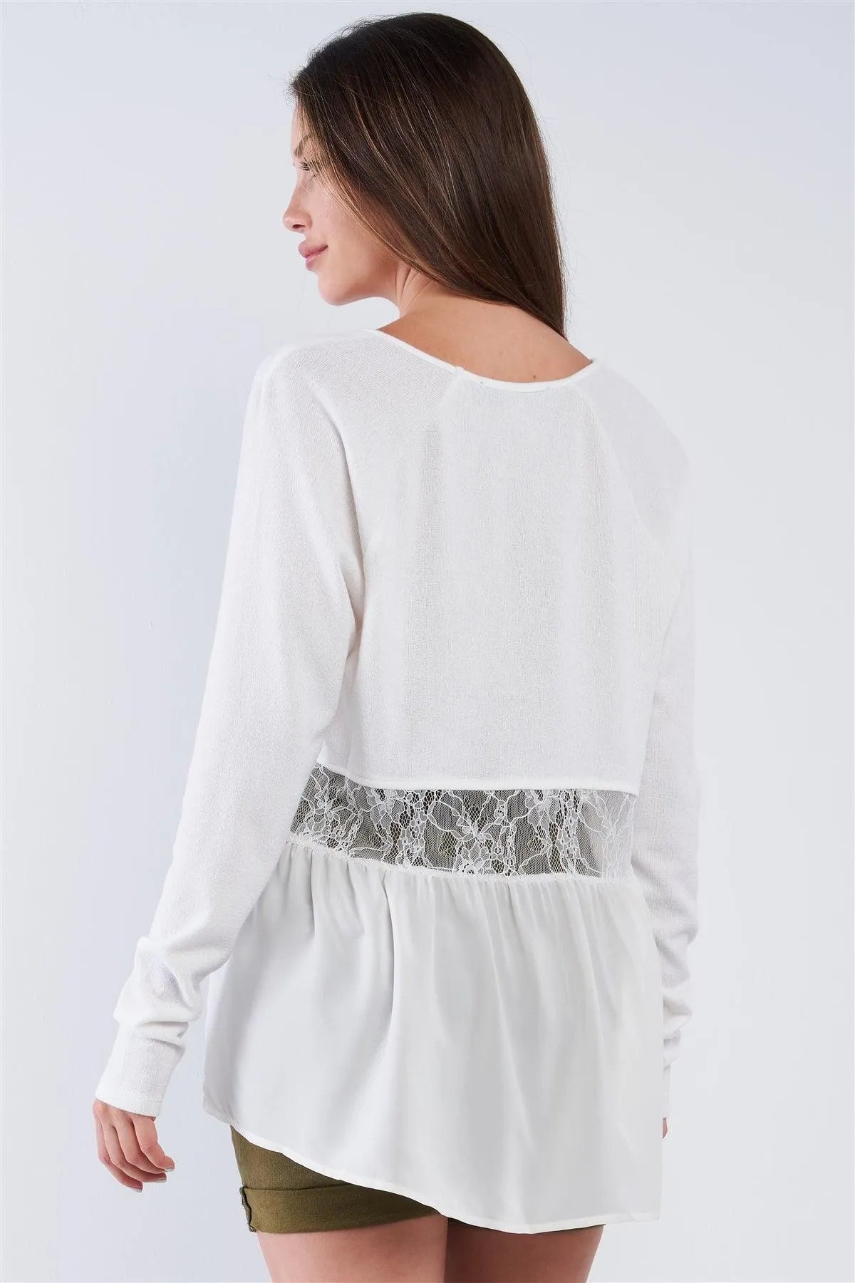 Off-White V-Neck Lace Back Pullover Tunic Top - Tasha Apparel Wholesale