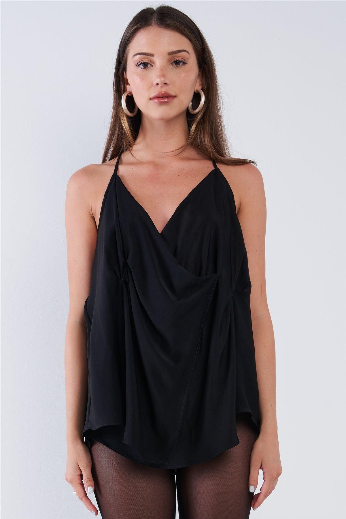 Black Satin Loose Fit Sleeveless Deep Plunge Double Wrap V-Neck Top /1-2-2-1