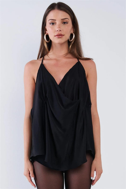 Black Satin Loose Fit Sleeveless Deep Plunge Double Wrap V-Neck Top /3-2-2 - Tasha Apparel Wholesale