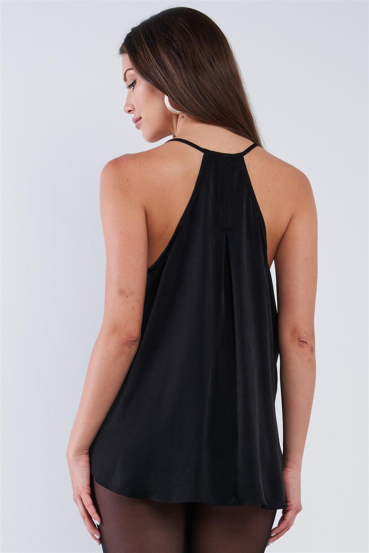 Black Satin Loose Fit Sleeveless Deep Plunge Double Wrap V-Neck Top /3-2-2