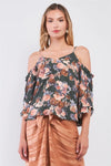 Green Floral Print Cold Shoulder Frill Angel Sleeve V-Neck Loose Top /1-1-2-1 - Tasha Apparel Wholesale