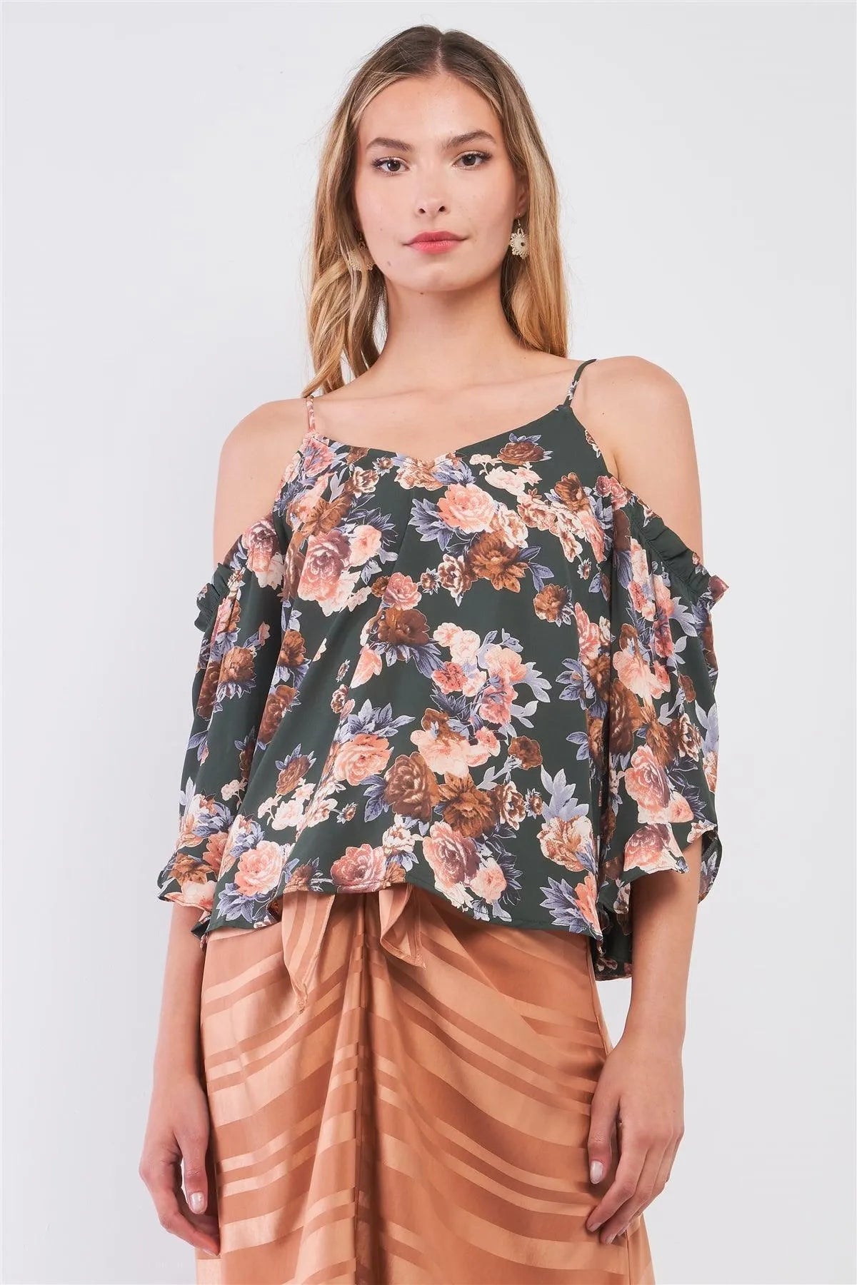 Green Floral Print Cold Shoulder Frill Angel Sleeve V-Neck Loose Top /1-1-2-1 - Tasha Apparel Wholesale