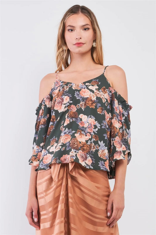 Green Floral Print Cold Shoulder Frill Angel Sleeve V-Neck Loose Top /1-1-2-1 - Tasha Apparel Wholesale