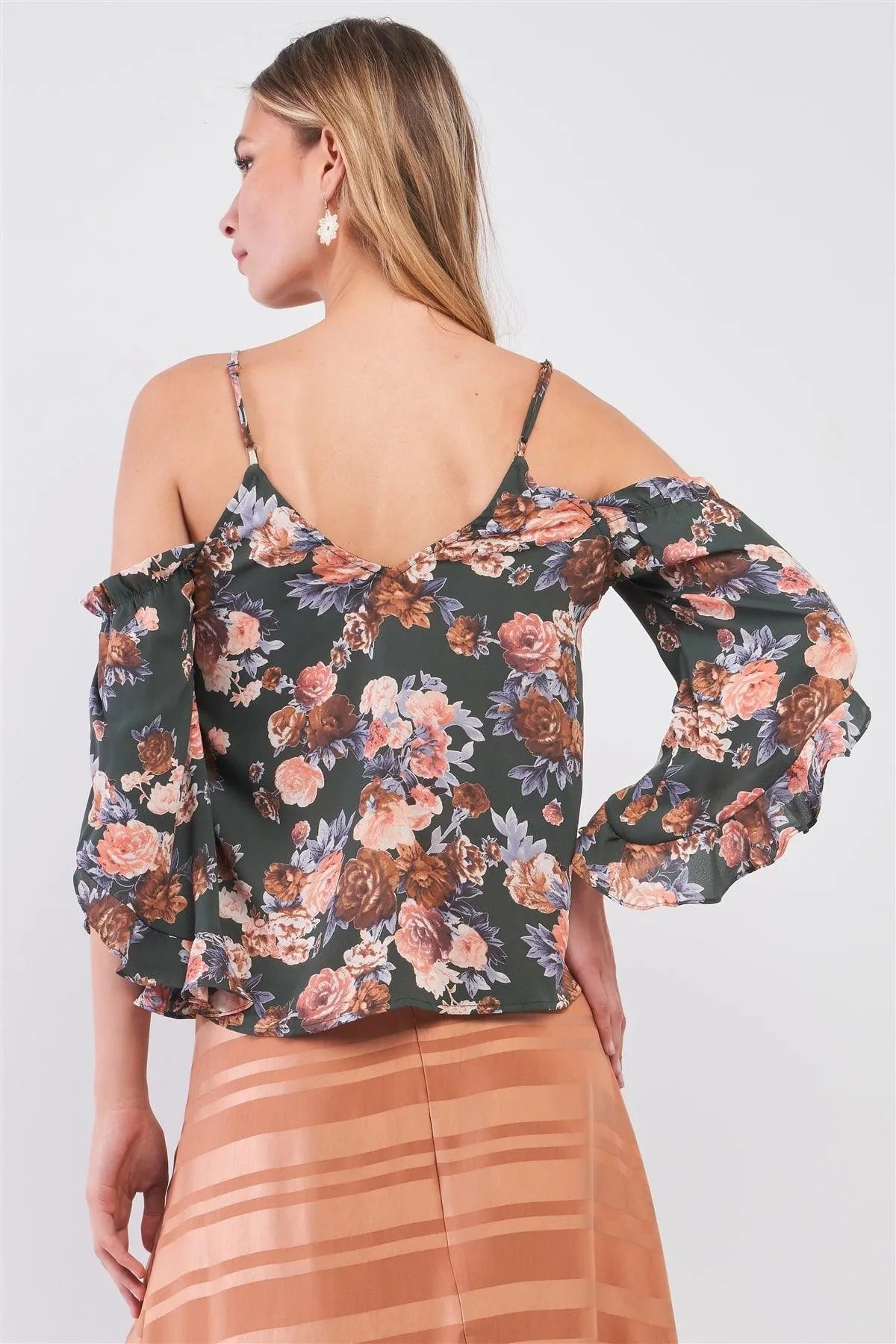 Green Floral Print Cold Shoulder Frill Angel Sleeve V-Neck Loose Top /1-1-2-1 - Tasha Apparel Wholesale