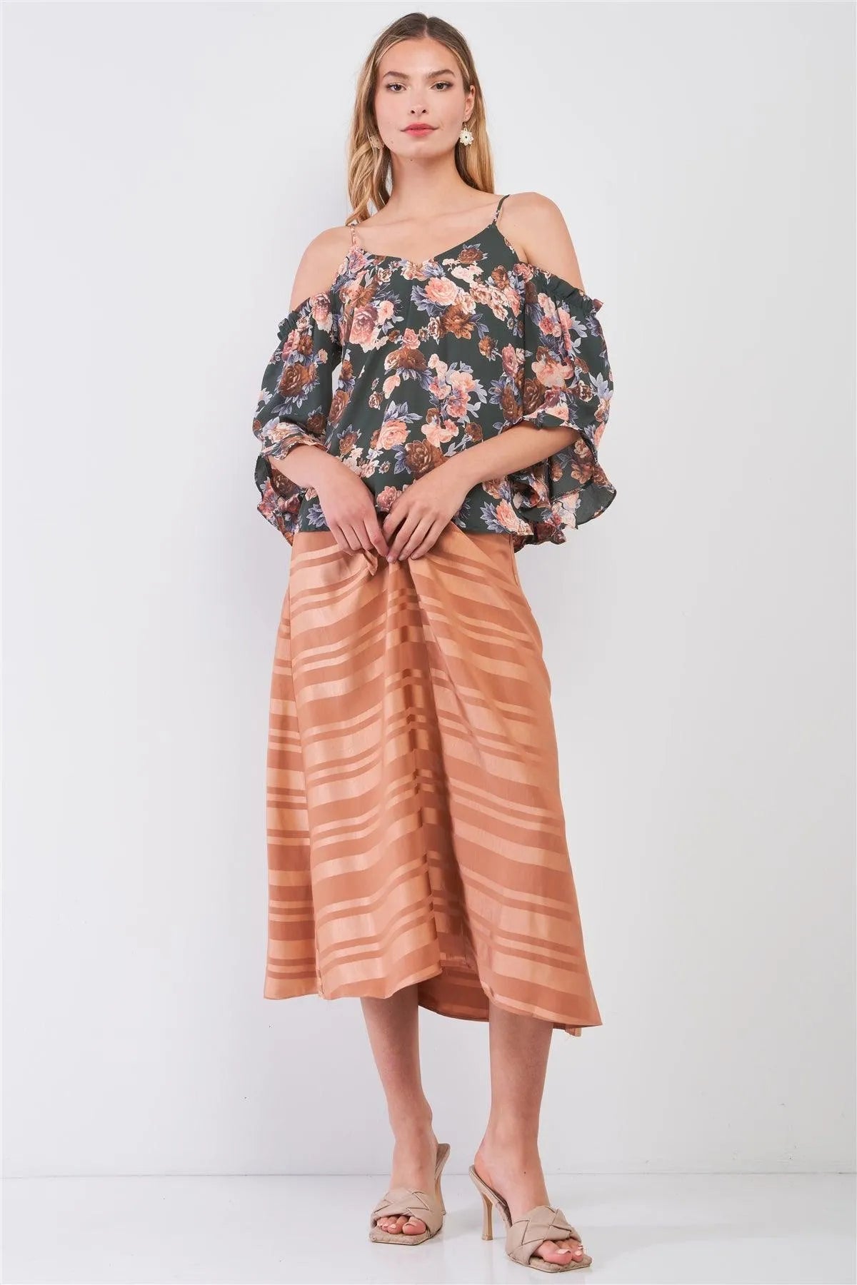 Green Floral Print Cold Shoulder Frill Angel Sleeve V-Neck Loose Top /1-1-2-1 - Tasha Apparel Wholesale