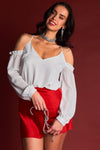 Ariana White Relaxed Fit V-Neck Off-The-Shoulder Long Sleeve Ruffle Hem Razor Back Top /1-2-1