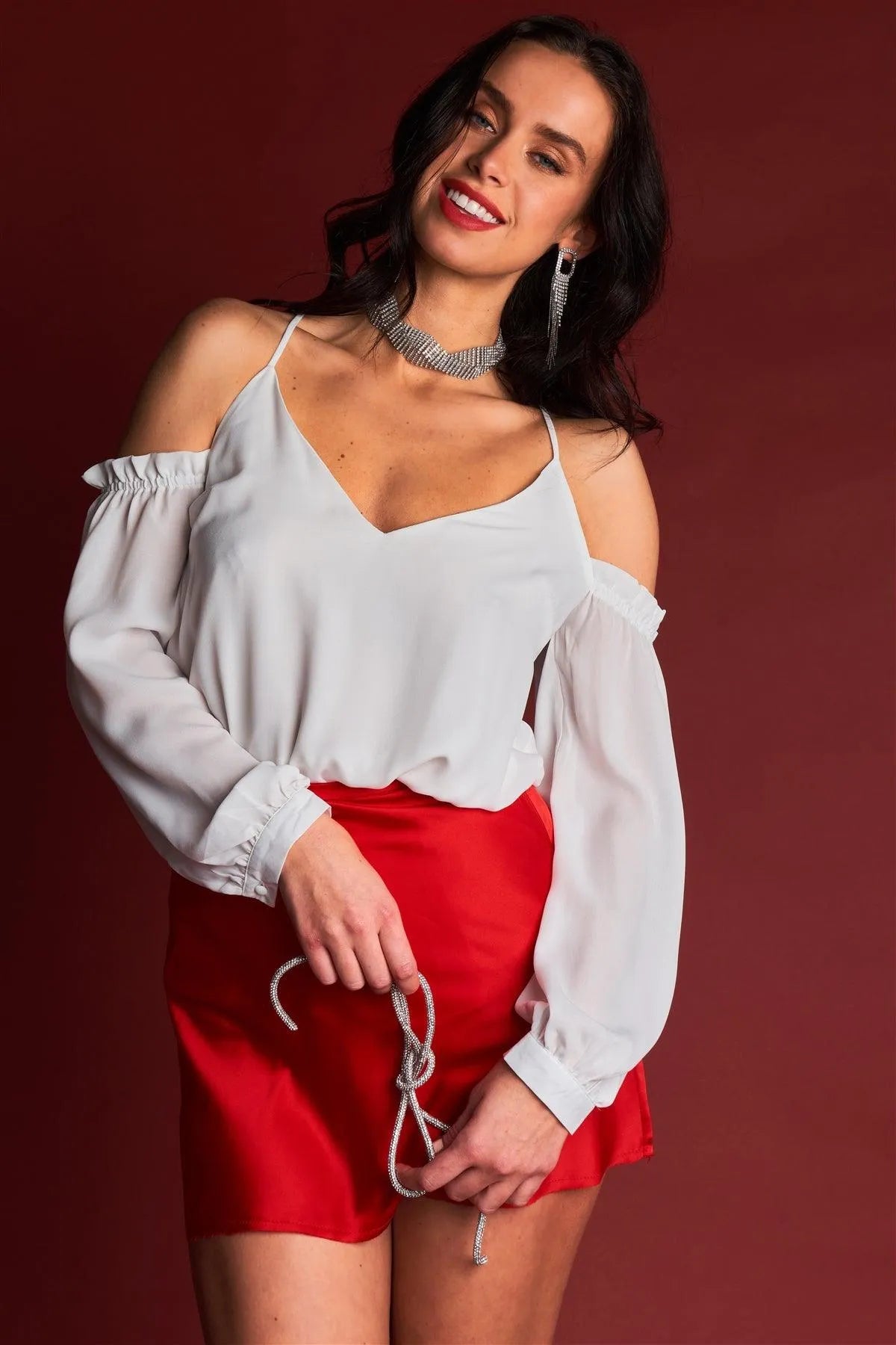 Ariana White Relaxed Fit V-Neck Off-The-Shoulder Long Sleeve Ruffle Hem Razor Back Top /1-2-1 - Tasha Apparel Wholesale
