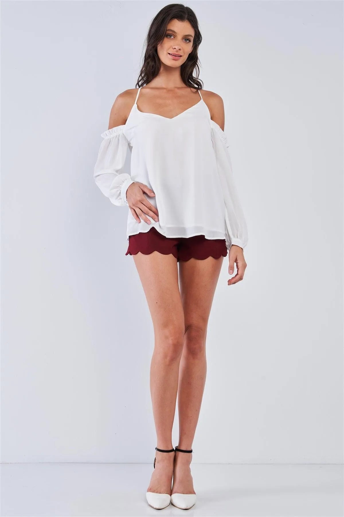 Ariana White Relaxed Fit V-Neck Off-The-Shoulder Long Sleeve Ruffle Hem Razor Back Top /1-2-1 - Tasha Apparel Wholesale