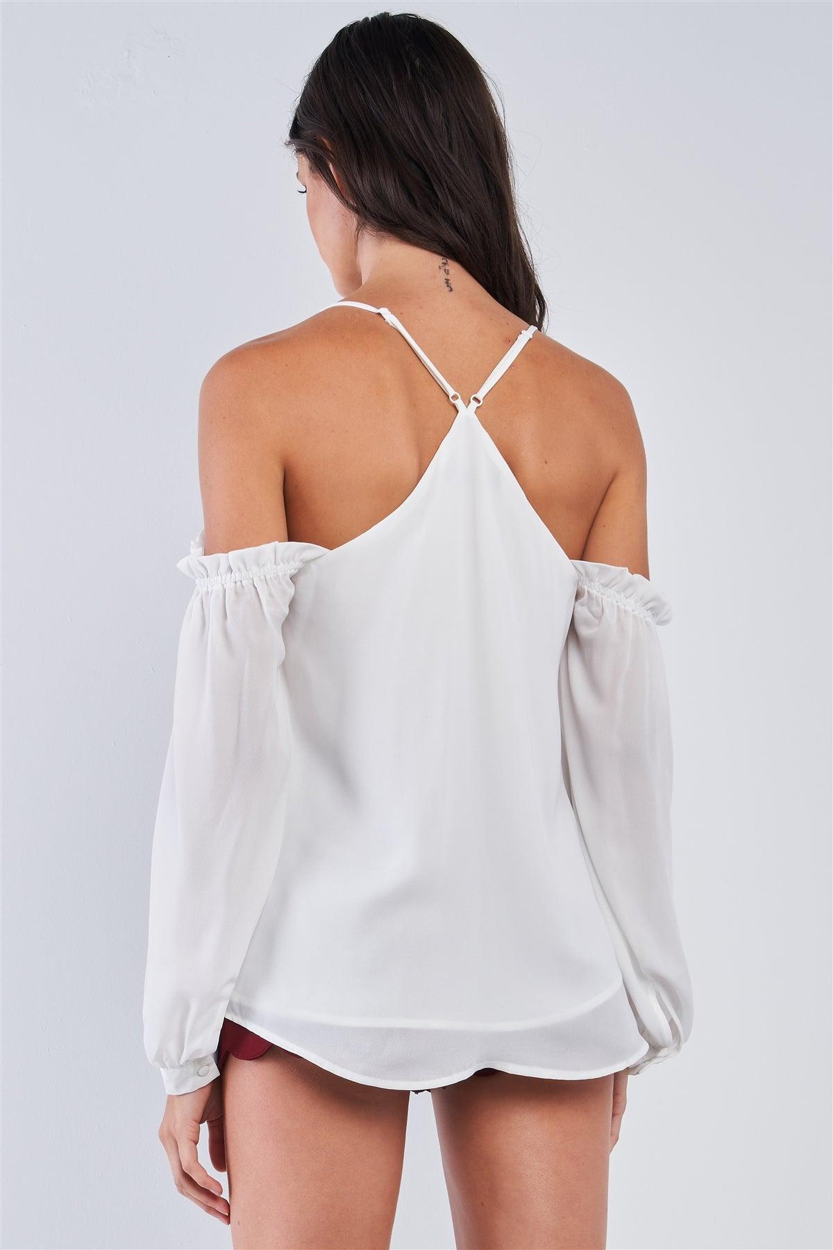 Ariana White Relaxed Fit V-Neck Off-The-Shoulder Long Sleeve Ruffle Hem Razor Back Top /1-2-1