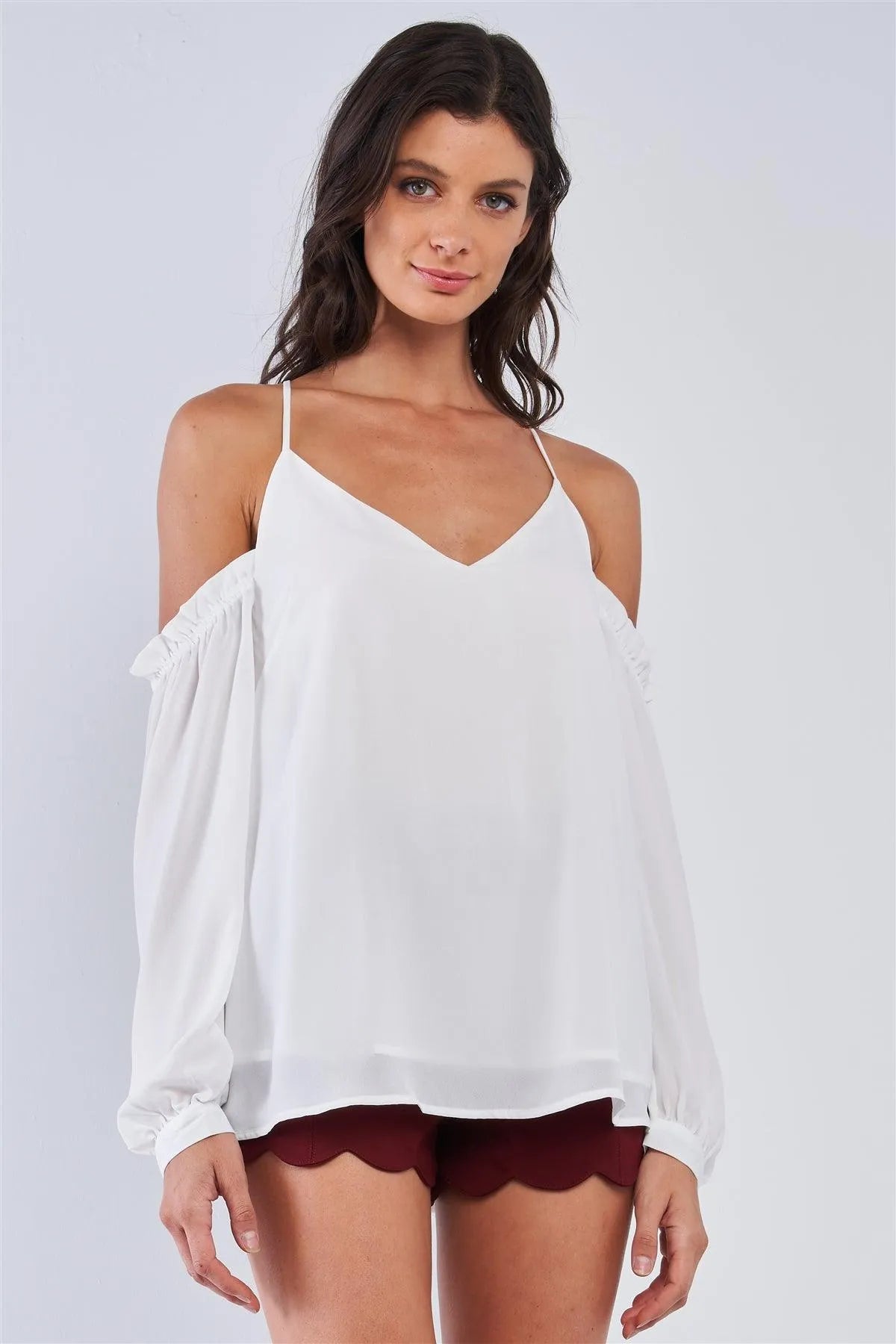 Ariana White Relaxed Fit V-Neck Off-The-Shoulder Long Sleeve Ruffle Hem Razor Back Top /1-2-1 - Tasha Apparel Wholesale