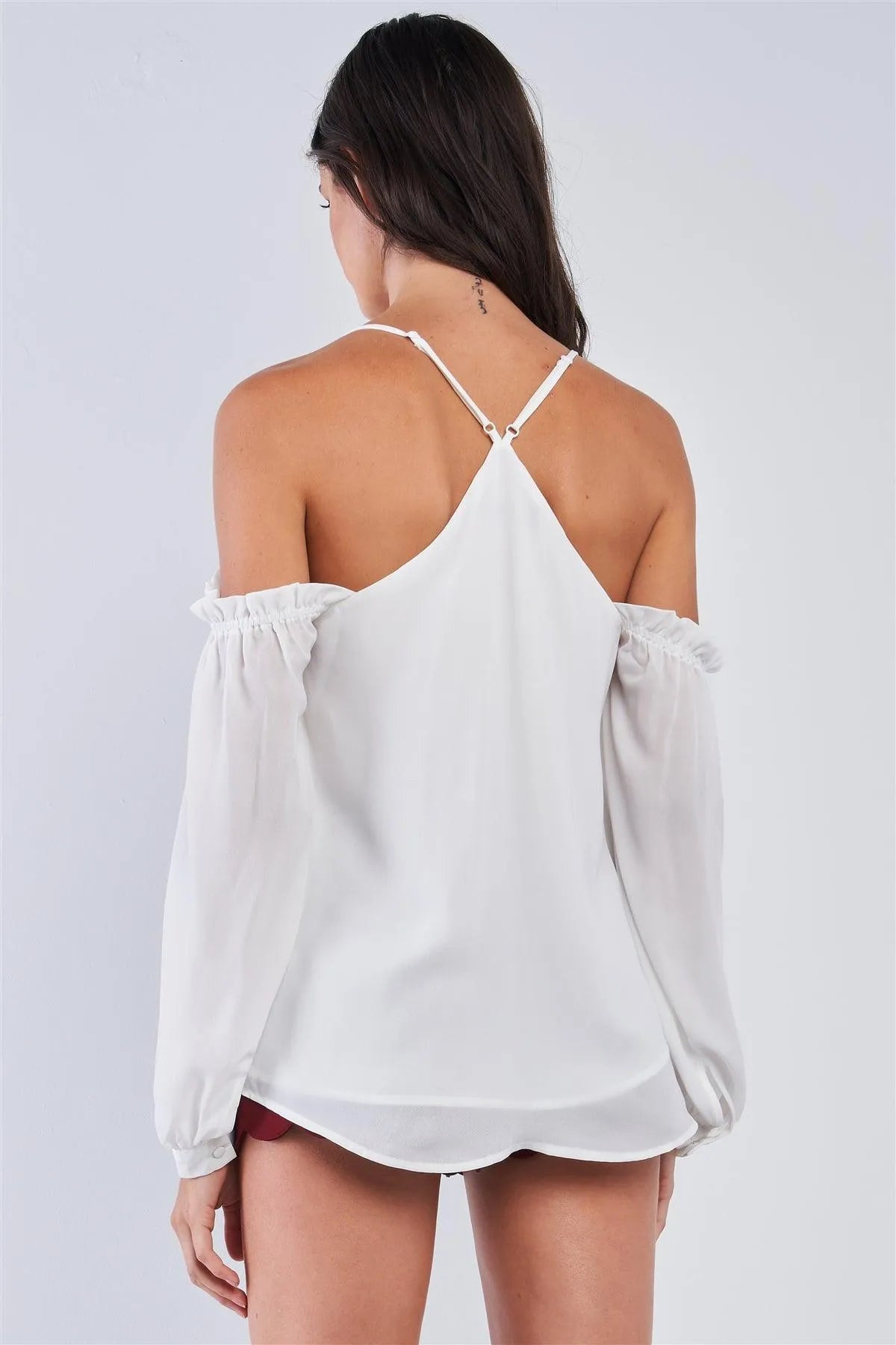 Ariana White Relaxed Fit V-Neck Off-The-Shoulder Long Sleeve Ruffle Hem Razor Back Top /1-1-3-1 - Tasha Apparel Wholesale