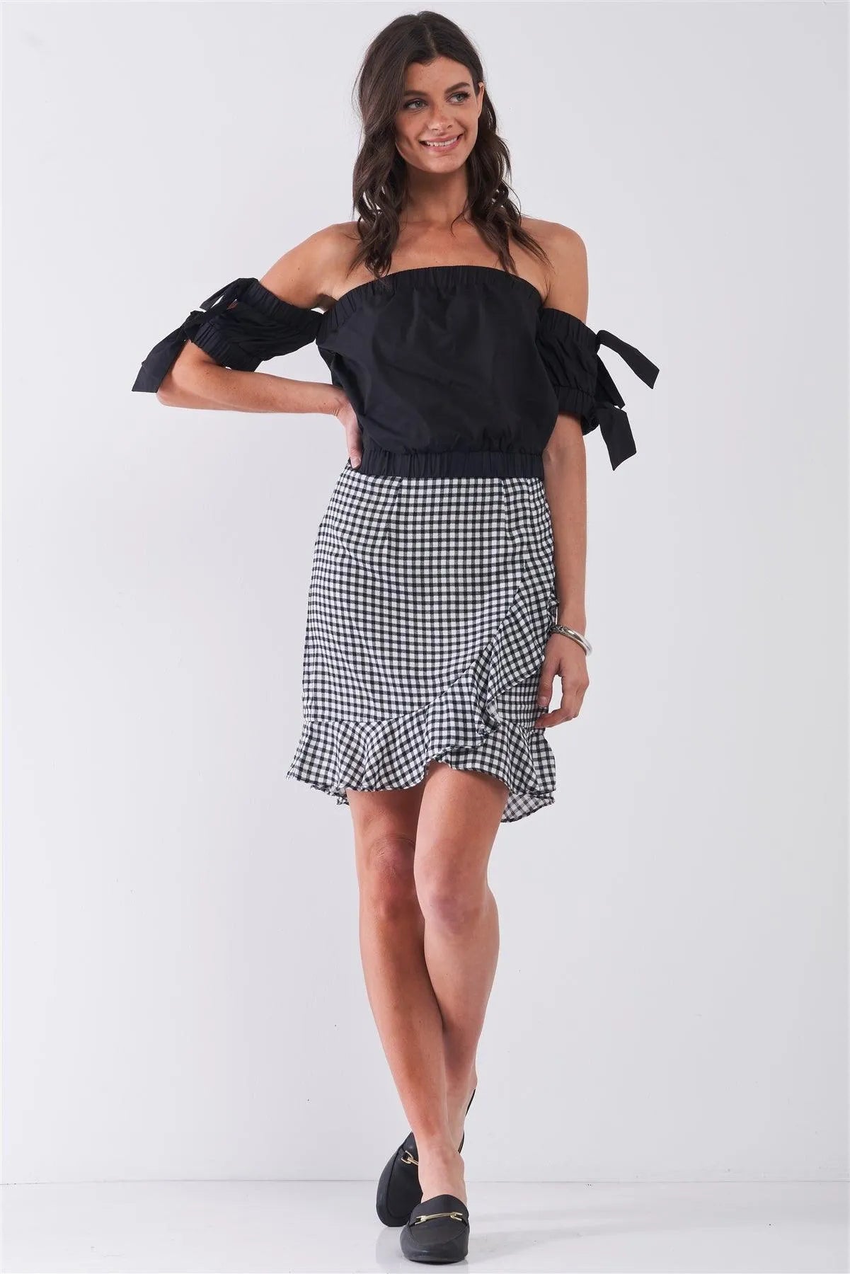 Black Off-The-Shoulder Short Sleeve With Self-Tie Detail Top /1-2-2-1 - Tasha Apparel Wholesale