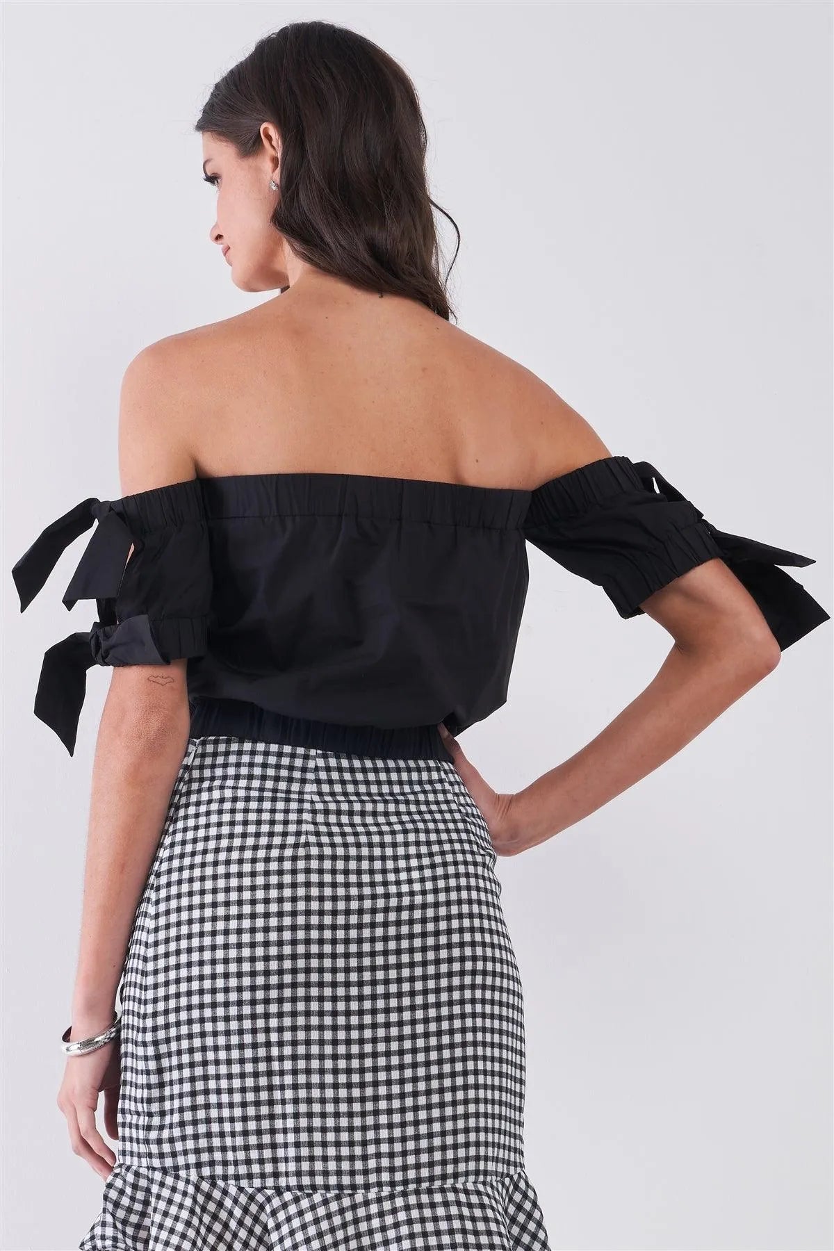Black Off-The-Shoulder Short Sleeve With Self-Tie Detail Top /1-2-2-1 - Tasha Apparel Wholesale