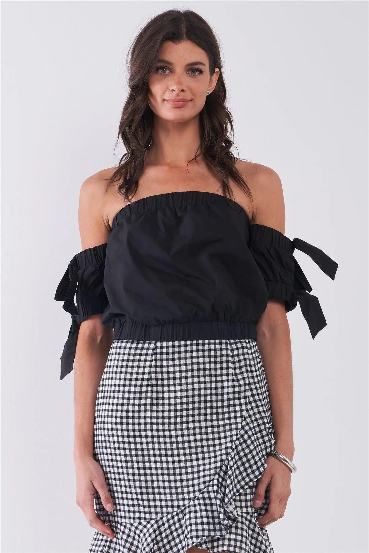 Black Off-The-Shoulder Short Sleeve With Self-Tie Detail Top /1-2-2-1 - Tasha Apparel Wholesale