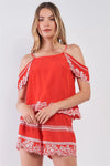 Red Tribal Floral Embroidery Cold Shoulder Top & High Waist Mini Shorts Summer Set /1-2-2-1 - Tasha Apparel Wholesale