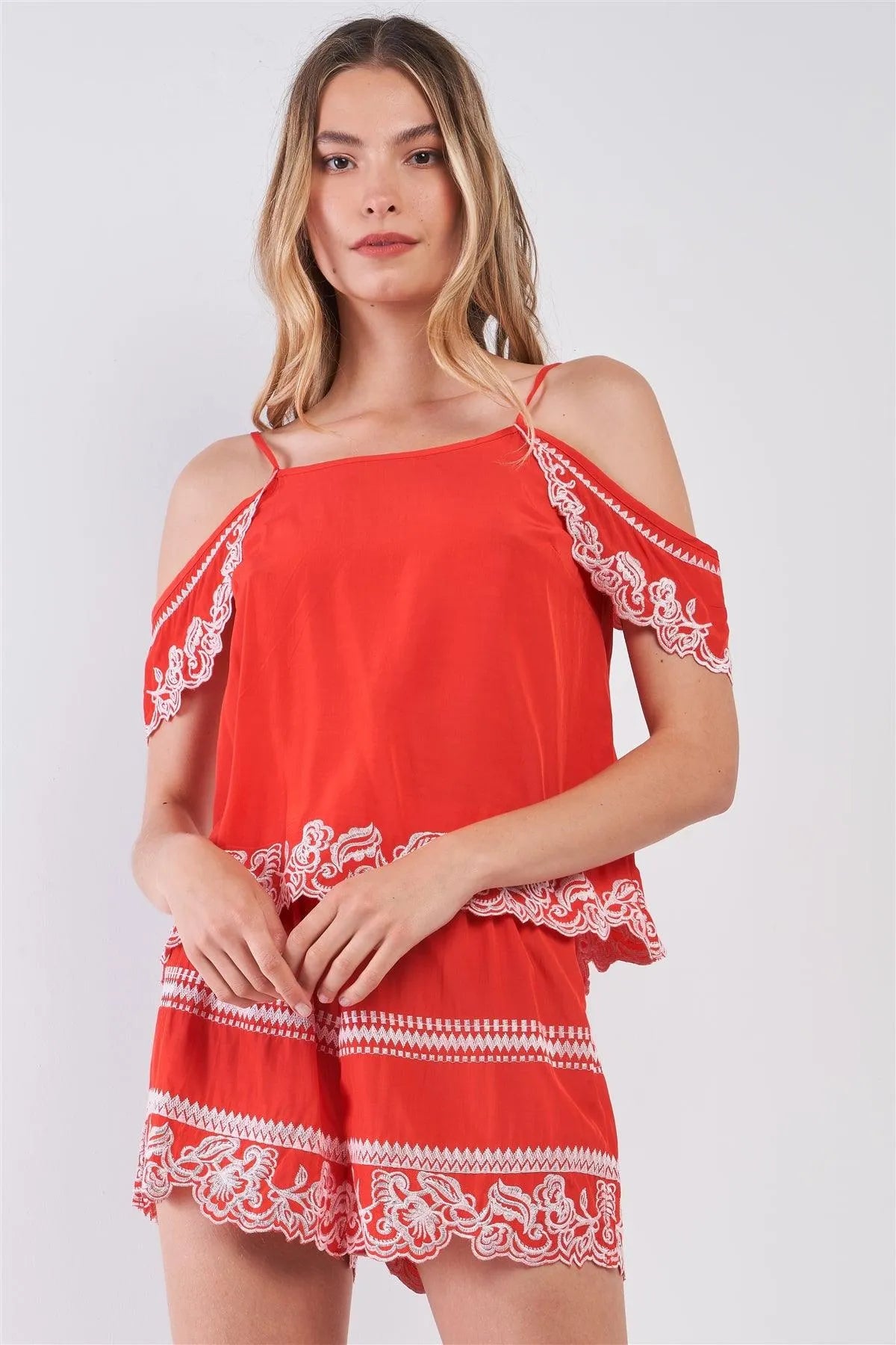 Red Tribal Floral Embroidery Cold Shoulder Top & High Waist Mini Shorts Summer Set /1-2-2-1 - Tasha Apparel Wholesale