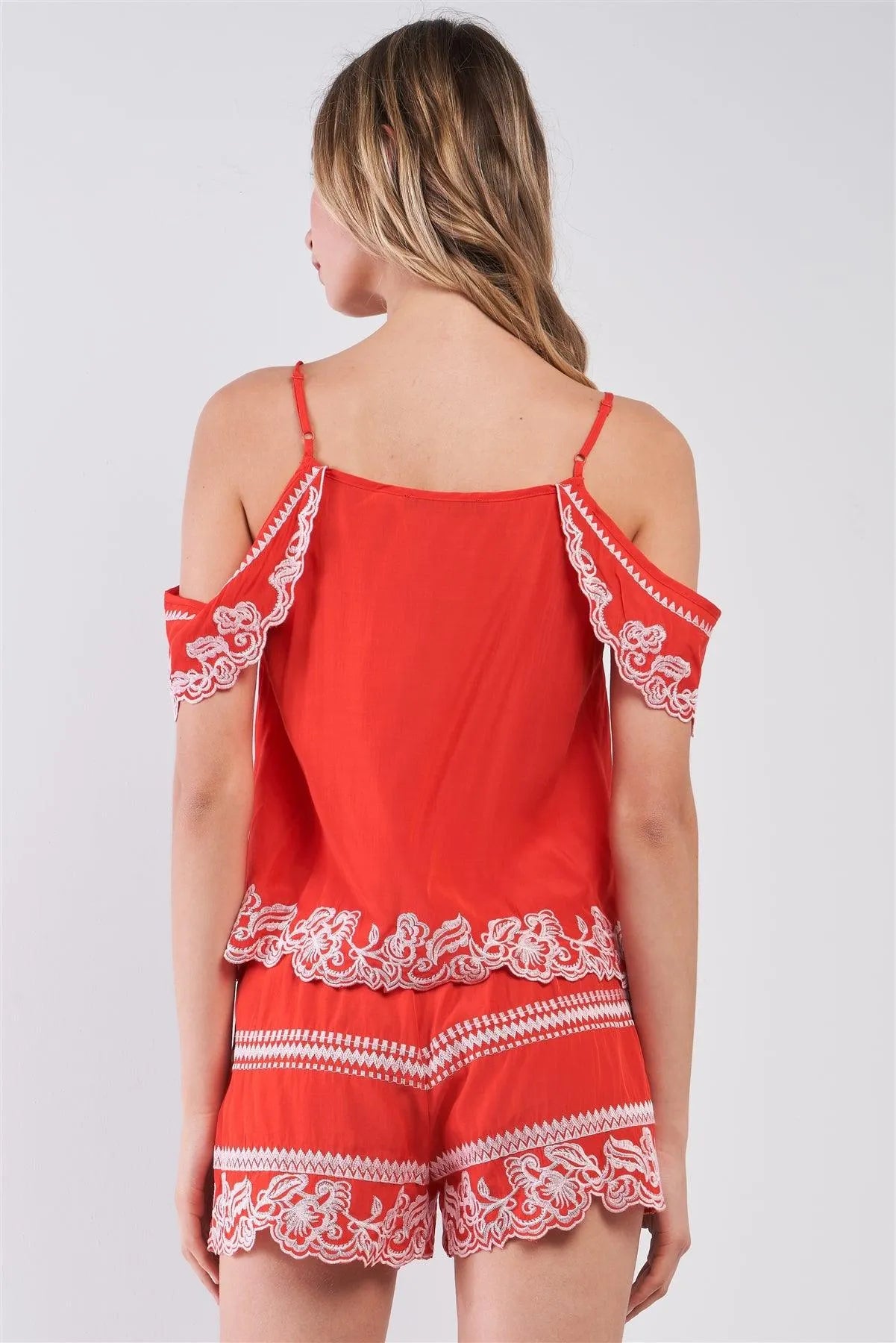 Red Tribal Floral Embroidery Cold Shoulder Top & High Waist Mini Shorts Summer Set /1-2-2-1 - Tasha Apparel Wholesale