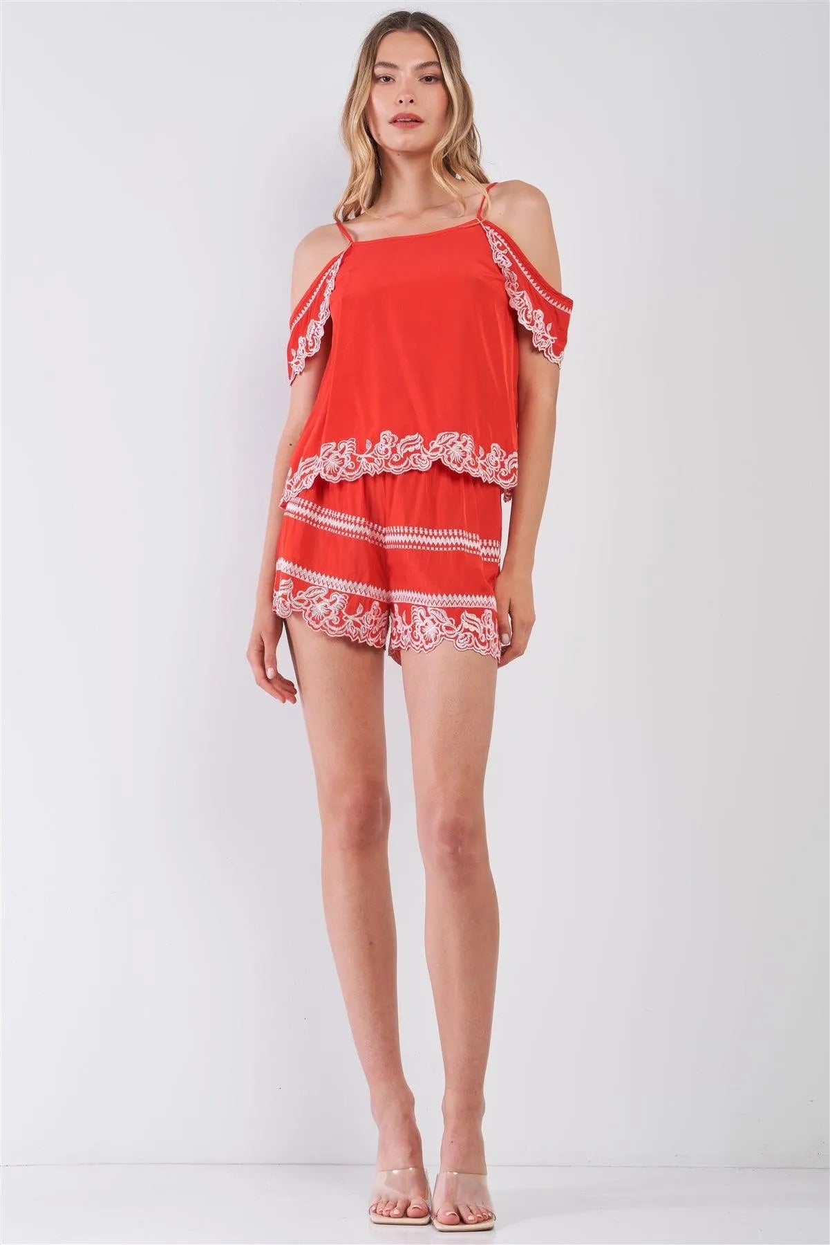 Red Tribal Floral Embroidery Cold Shoulder Top & High Waist Mini Shorts Summer Set /1-2-2-1 - Tasha Apparel Wholesale