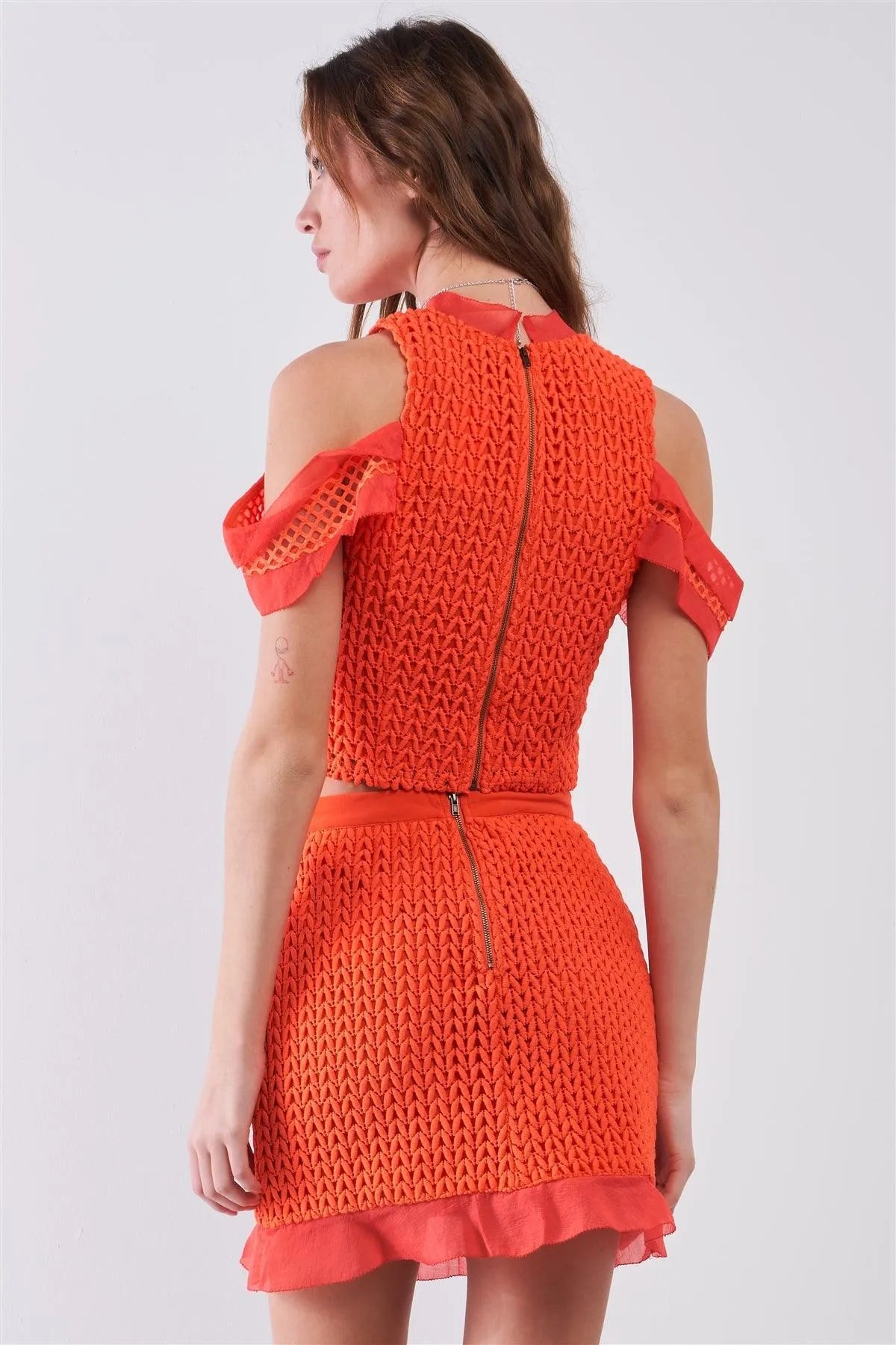 Orange-Red Mock Neck Off-The-Shoulder Embroidery Top & High-Waisted Flare Hem Bell Mini Skirt Set /1-2-2-1 - Tasha Apparel Wholesale