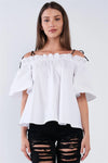 White Cotton Relaxed Fit Stretchy Ruffle Hem Off-The-Shoulder Top With Black Self Tie Strings /1-2-2-1 - Tasha Apparel Wholesale