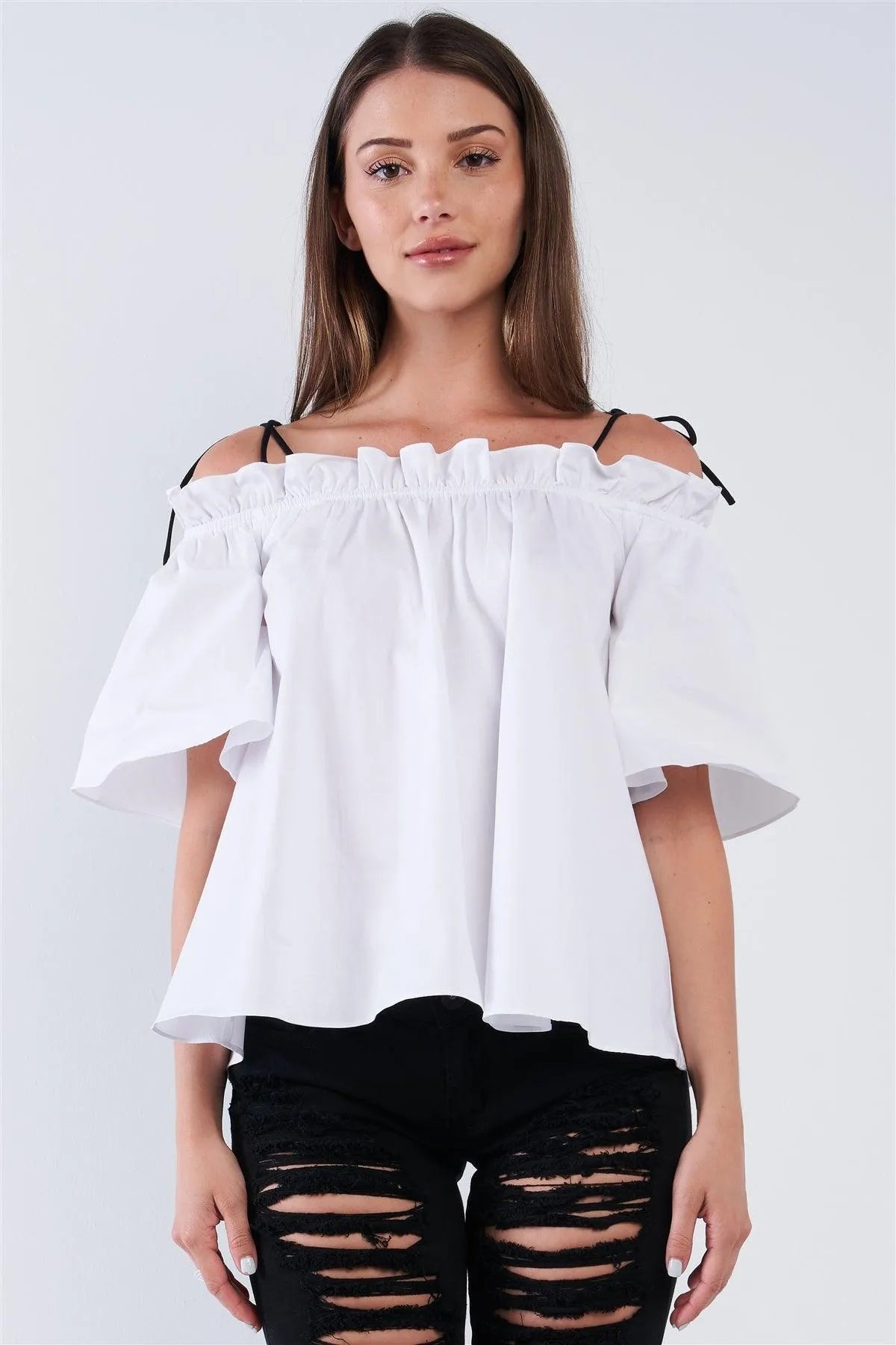 White Cotton Relaxed Fit Stretchy Ruffle Hem Off-The-Shoulder Top With Black Self Tie Strings /1-2-2-1 - Tasha Apparel Wholesale
