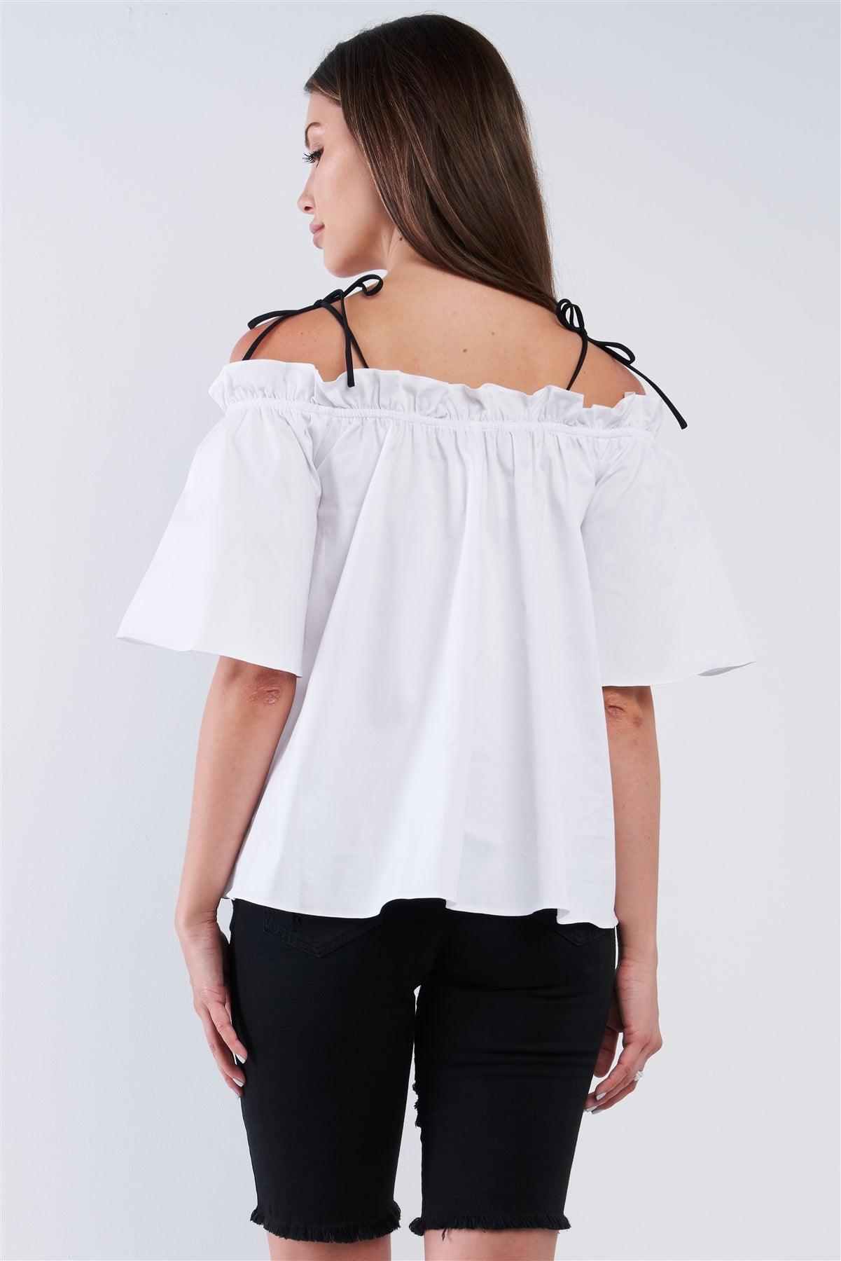 White Cotton Relaxed Fit Stretchy Ruffle Hem Off-The-Shoulder Top With Black Self Tie Strings /1-2-2-1