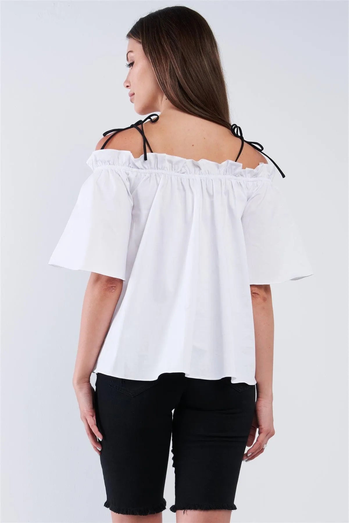 White Cotton Relaxed Fit Stretchy Ruffle Hem Off-The-Shoulder Top With Black Self Tie Strings /1-2-2-1 - Tasha Apparel Wholesale
