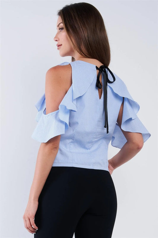 Light Blue And White Stripe Pattern Relaxed Fit Round Neck Ruffle Off-The-Shoulder Mini Sleeve Tube Top With Black Ribbon Back Tie Up /1-2-2-1 - Tasha Apparel Wholesale
