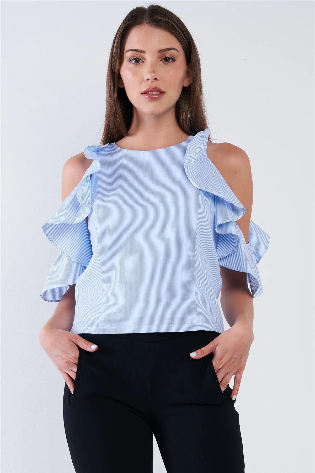 Light Blue And White Stripe Pattern Relaxed Fit Round Neck Ruffle Off-The-Shoulder Mini Sleeve Tube Top With Black Ribbon Back Tie Up /1-2-2-1 - Tasha Apparel Wholesale