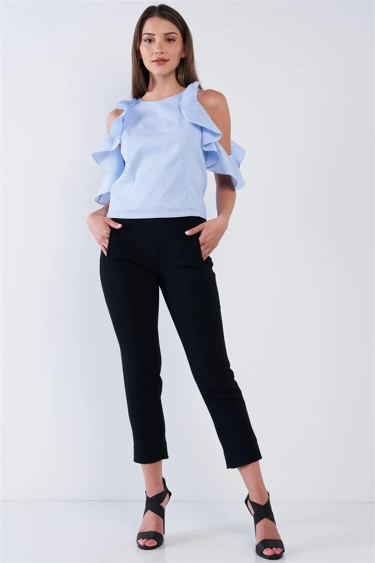 Light Blue And White Stripe Pattern Relaxed Fit Round Neck Ruffle Off-The-Shoulder Mini Sleeve Tube Top With Black Ribbon Back Tie Up /1-2-2-1 - Tasha Apparel Wholesale