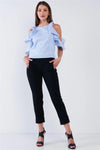 Light Blue Striped Ruffle Off-The-Shoulder Top /2-2-2 - Tasha Apparel Wholesale
