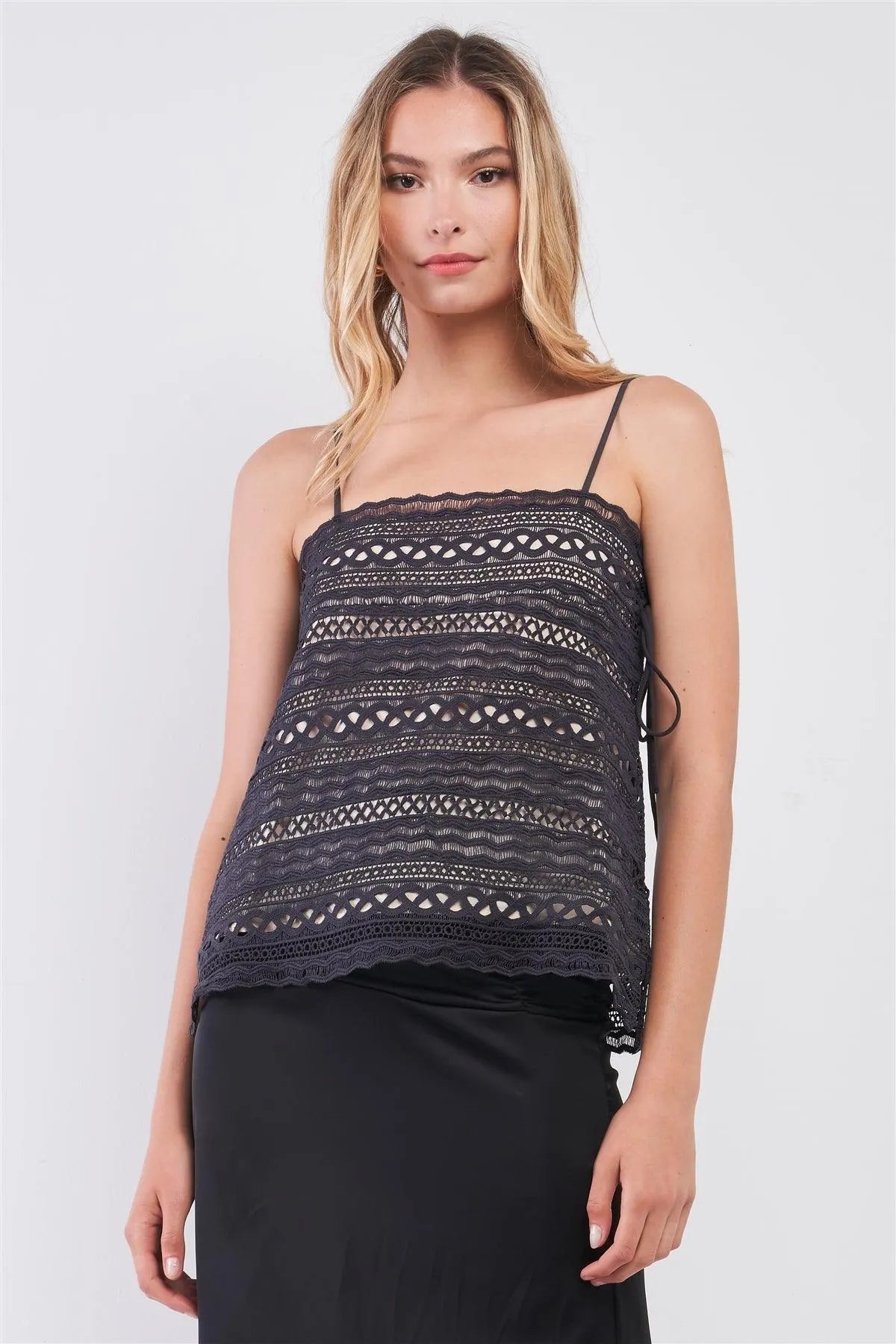 Dark Grey & Nude Sleeveless Crochet Square Neck Self-Tie Side Detail Top /1-2-2-1 - Tasha Apparel Wholesale
