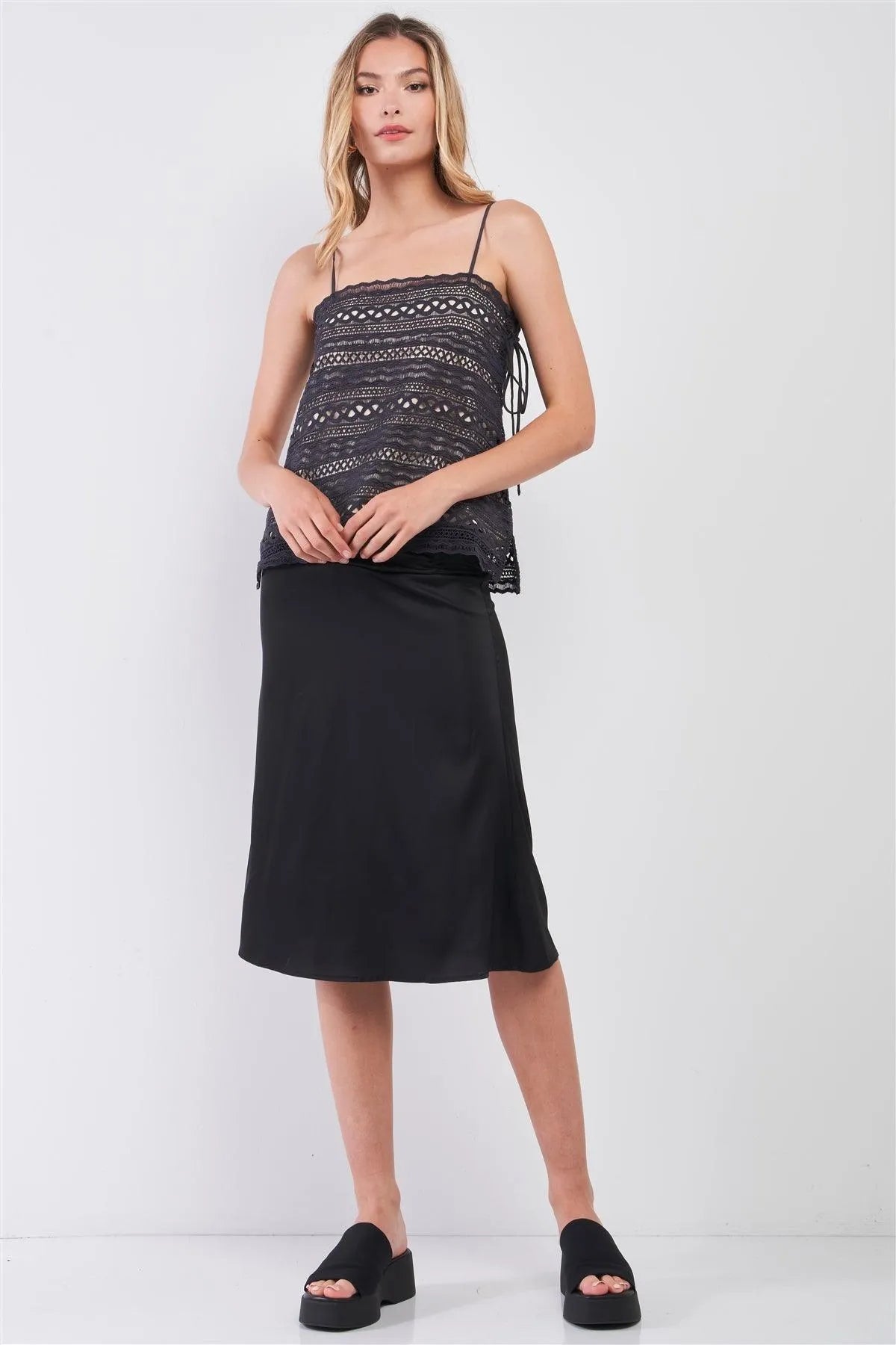 Dark Grey & Nude Sleeveless Crochet Square Neck Self-Tie Side Detail Top /1-2-2-1 - Tasha Apparel Wholesale