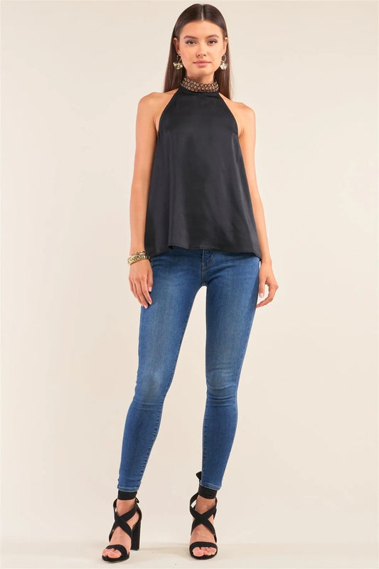 Black Satin Sleeveless Halter Neck Grommet Detail Self-Tie Back Keyhole Top /1-2-2-1 - Tasha Apparel Wholesale