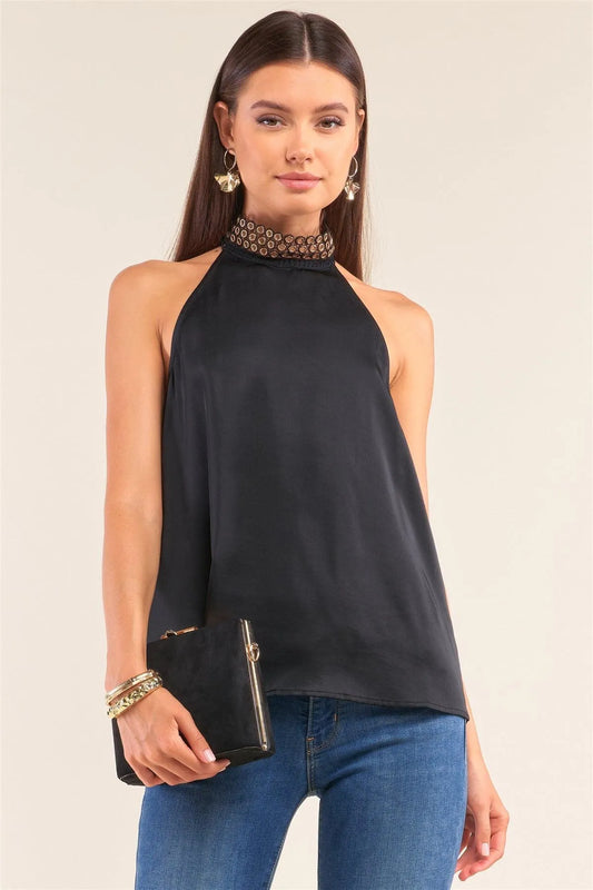 Black Satin Sleeveless Halter Neck Grommet Detail Self-Tie Back Keyhole Top /1-2-1-2 - Tasha Apparel Wholesale