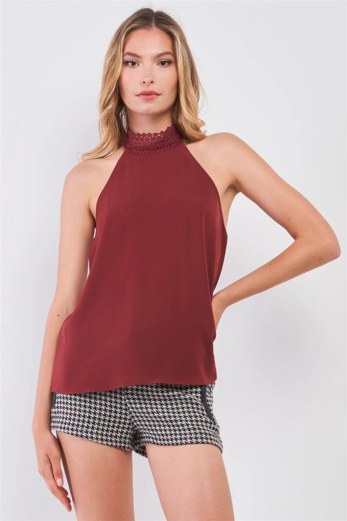 Maroon Red Sleeveless Crochet Halter Neck Detail Open Back Babydoll Top /1-2-2-1 - Tasha Apparel Wholesale