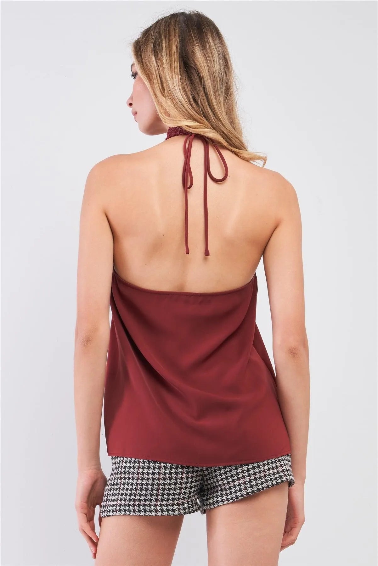 Maroon Red Sleeveless Crochet Halter Neck Detail Open Back Babydoll Top /1-2-2-1 - Tasha Apparel Wholesale