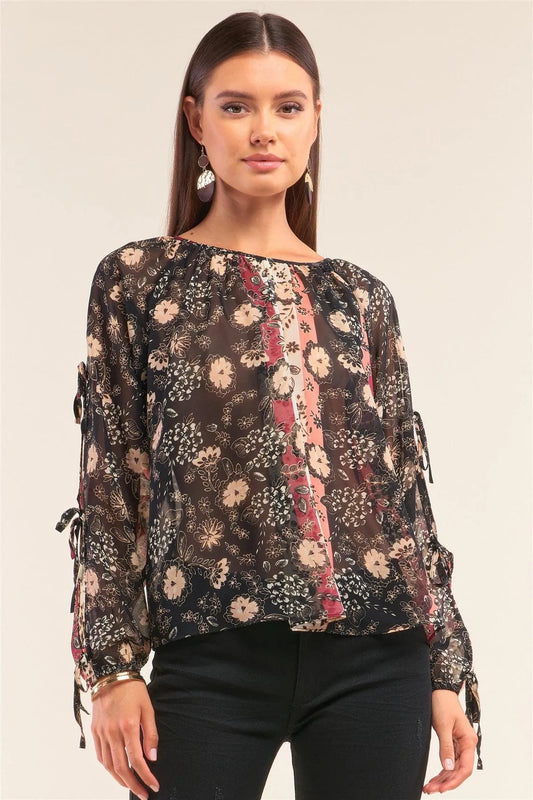 Black Multi Floral Print Relaxed Fit Long Sleeve Self Tie Detail Chiffon Top /1-2-2-1 - Tasha Apparel Wholesale