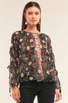 Black Multi Floral Print Relaxed Fit Long Sleeve Self Tie Detail Chiffon Top - Tasha Apparel Wholesale