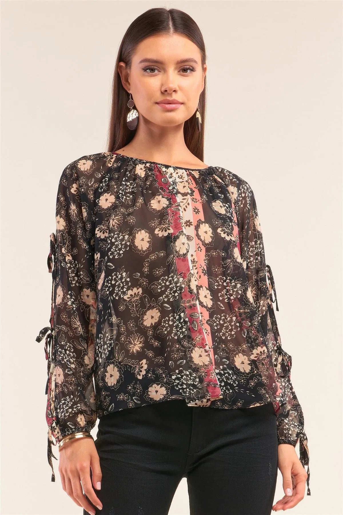 Black Multi Floral Print Relaxed Fit Long Sleeve Self Tie Detail Chiffon Top - Tasha Apparel Wholesale