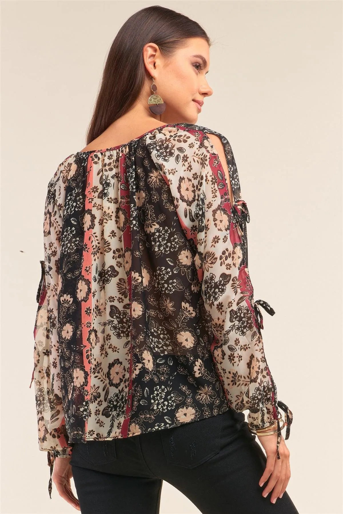 Black Multi Floral Print Relaxed Fit Long Sleeve Self Tie Detail Chiffon Top - Tasha Apparel Wholesale