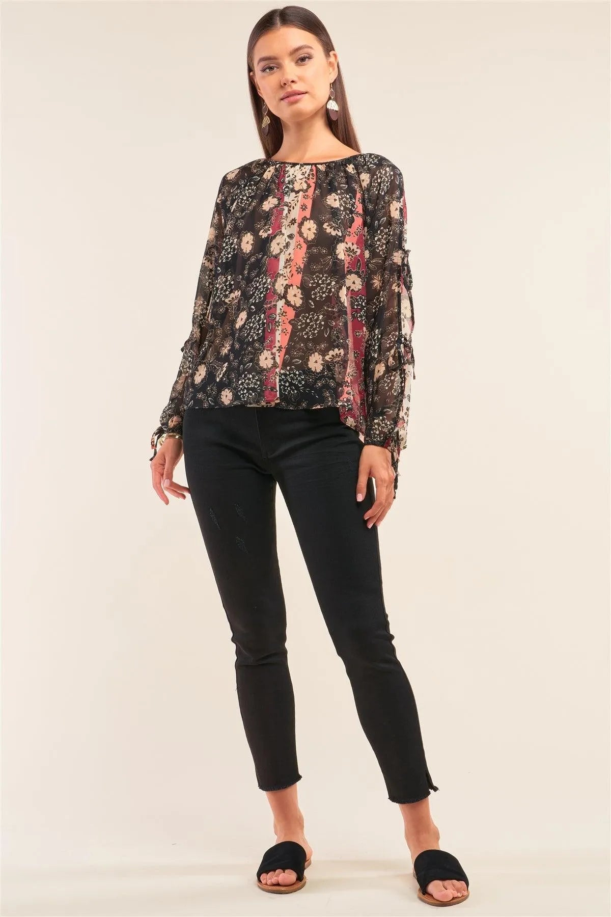 Black Multi Floral Print Relaxed Fit Long Sleeve Self Tie Detail Chiffon Top - Tasha Apparel Wholesale