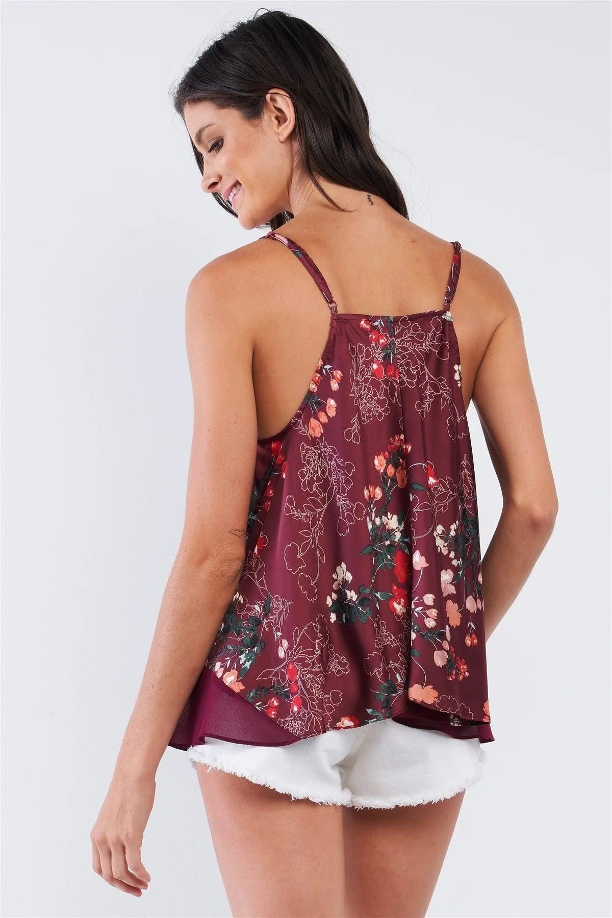 Burgundy Multicolor Floral Print Satin Relaxed Fit V-Neck Sleeveless Mesh Hem Babydoll Top /2-1-2 - Tasha Apparel Wholesale