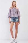 Blue & Red Shephard's Check Print Halter-Tie Neck Cold Shoulder Balloon Sleeve Relaxed Top /1-2-2 - Tasha Apparel Wholesale