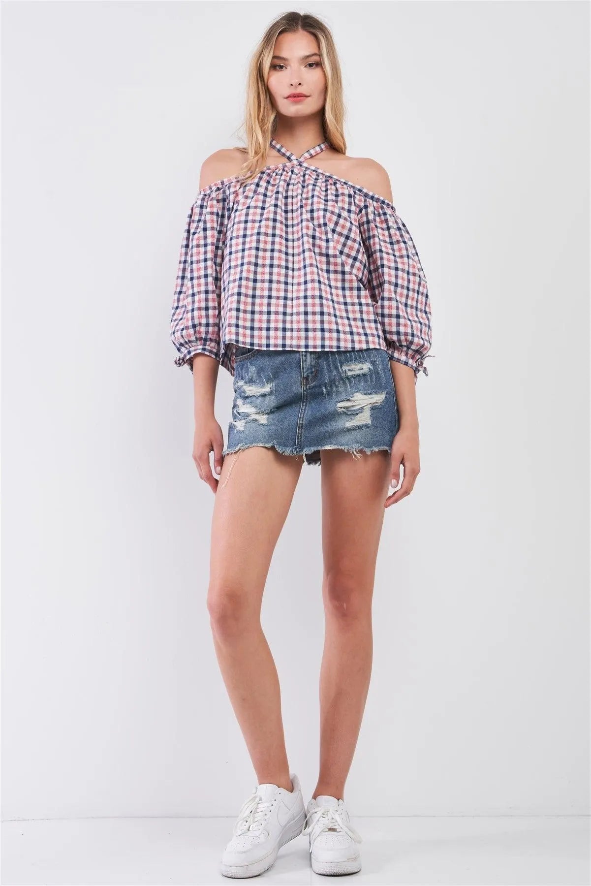 Blue & Red Shephard's Check Print Halter-Tie Neck Cold Shoulder Balloon Sleeve Relaxed Top /1-2-2 - Tasha Apparel Wholesale
