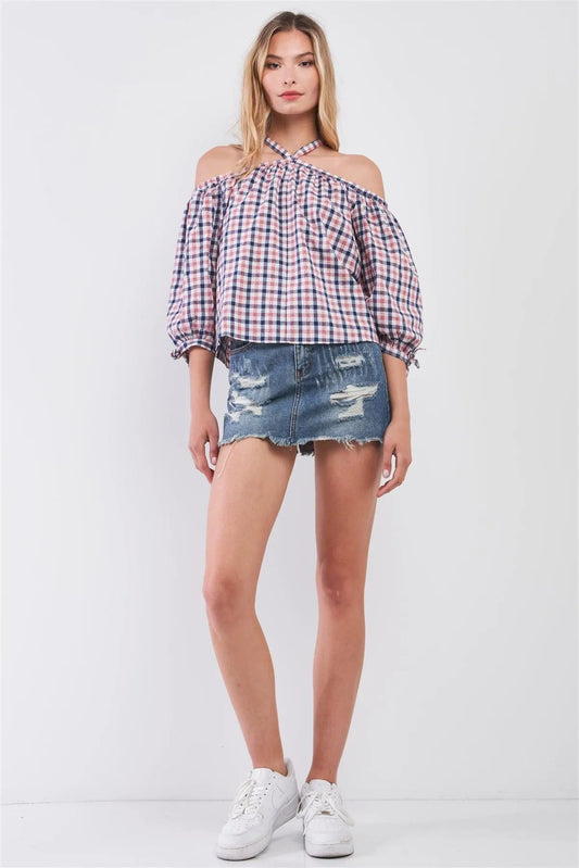 Blue & Red Shephard's Check Print Halter-Tie Neck Cold Shoulder Balloon Sleeve Relaxed Top /1-2-2 - Tasha Apparel Wholesale