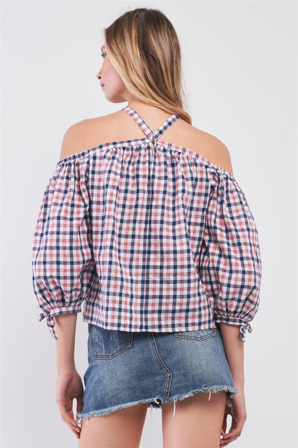 Blue & Red Shephard's Check Print Halter-Tie Neck Cold Shoulder Balloon Sleeve Relaxed Top /1-2-2