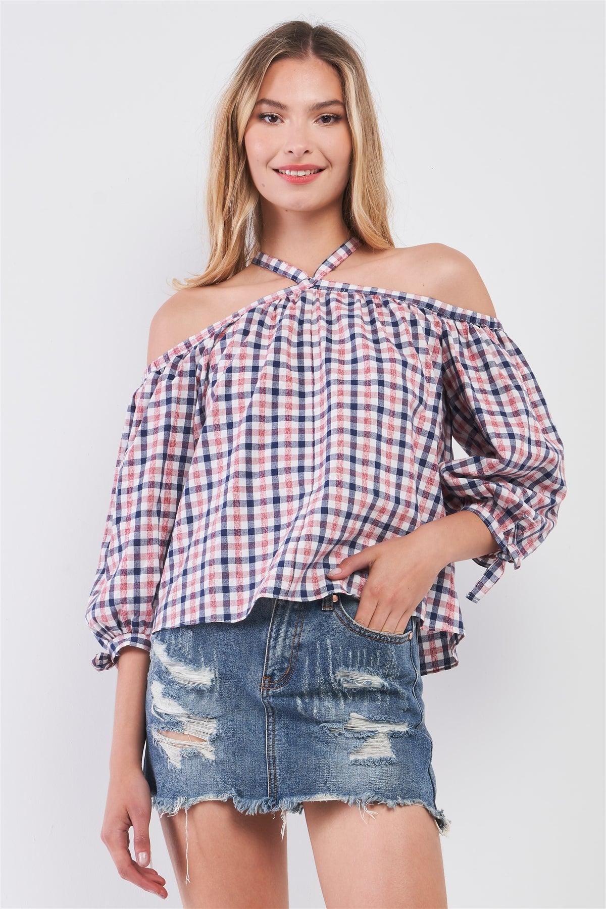 Blue & Red Shephard's Check Print Halter-Tie Neck Cold Shoulder Balloon Sleeve Relaxed Top /1-2-2