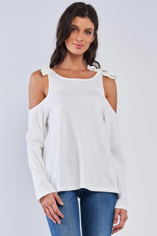 White Off-The-Shoulder Long Sleeve Open Back Ribbon Self Ties Top - Tasha Apparel Wholesale